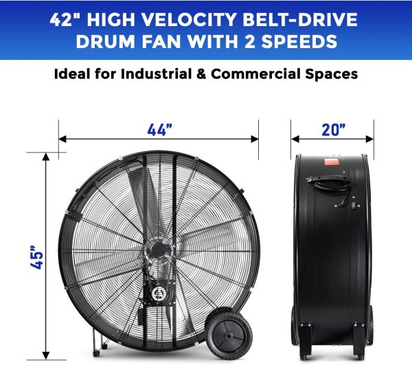 42 in. Black High Velocity Belt-Drive Drum Fan, 2-Speed Online Hot Sale - Image 3