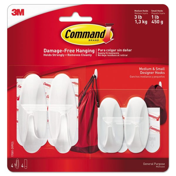 General Purpose Designer Hooks, Small Medium, Plastic, White, 1lb and 3 lb Capacities, 4 Hooks and 4 Strips Pack For Discount