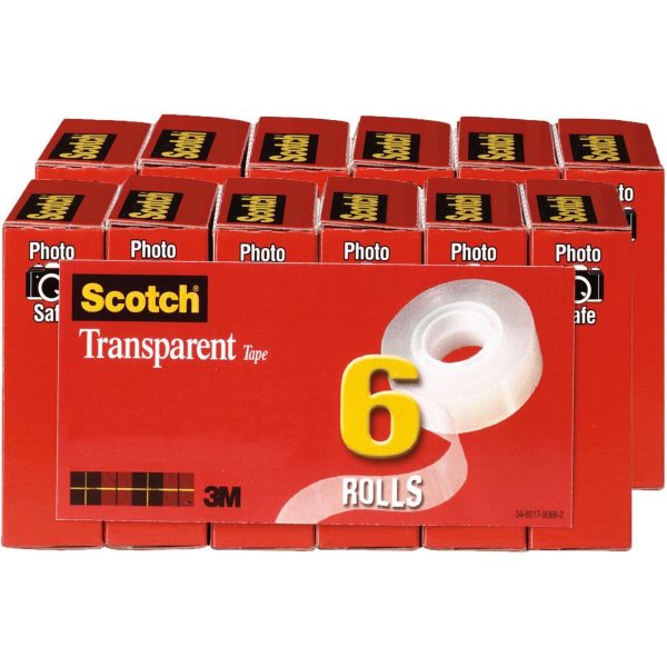 Scotch Transparent Tape - 3 4 W - 36 yd Length x 0.75  Width - 1  Core - Stain Resistant, Moisture Resistant, Long Lasting - For Wrapping, Sealing, Mending, Label Protection - 12   Bundle - Clear Sale
