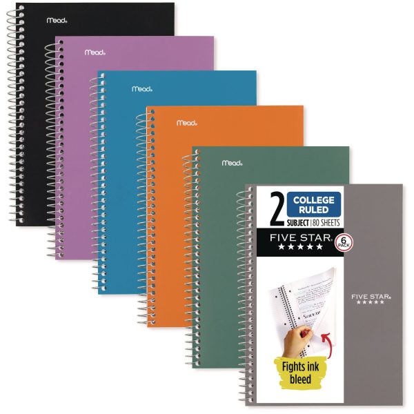 Mead Five Star Wirebound Subject Notebook - 2 Subject(s) - 100 Sheets - Spiral Bound - 6  x 9 1 2  - 9  x 7  x 2  - Assorted Cover - Durable Cover, Bleed Resistant, Perforated, Spiral Lock, Pocket Divider, Durable Cover, Smooth - 6   Pack Cheap