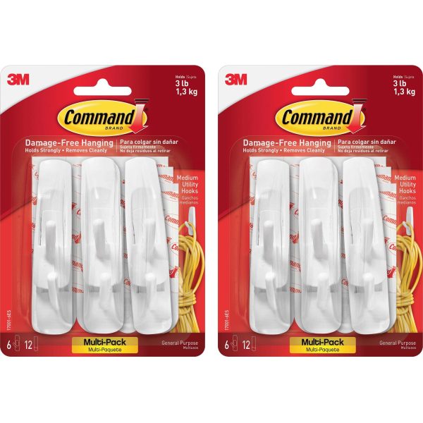 Command Medium Utility Hooks with Adhesive Strips - 3 lb (1.36 kg) Capacity - for Paint, Wood, Tile - White - 2   Bag Online Sale